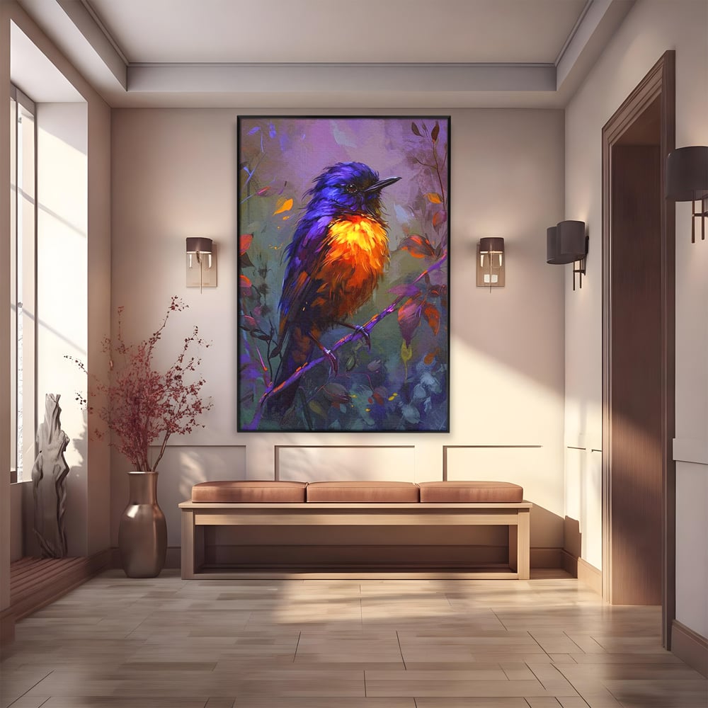 Tablou canvas cu tablou canvas cu pasare colorata pe ramura, in rama de aluminiu negru